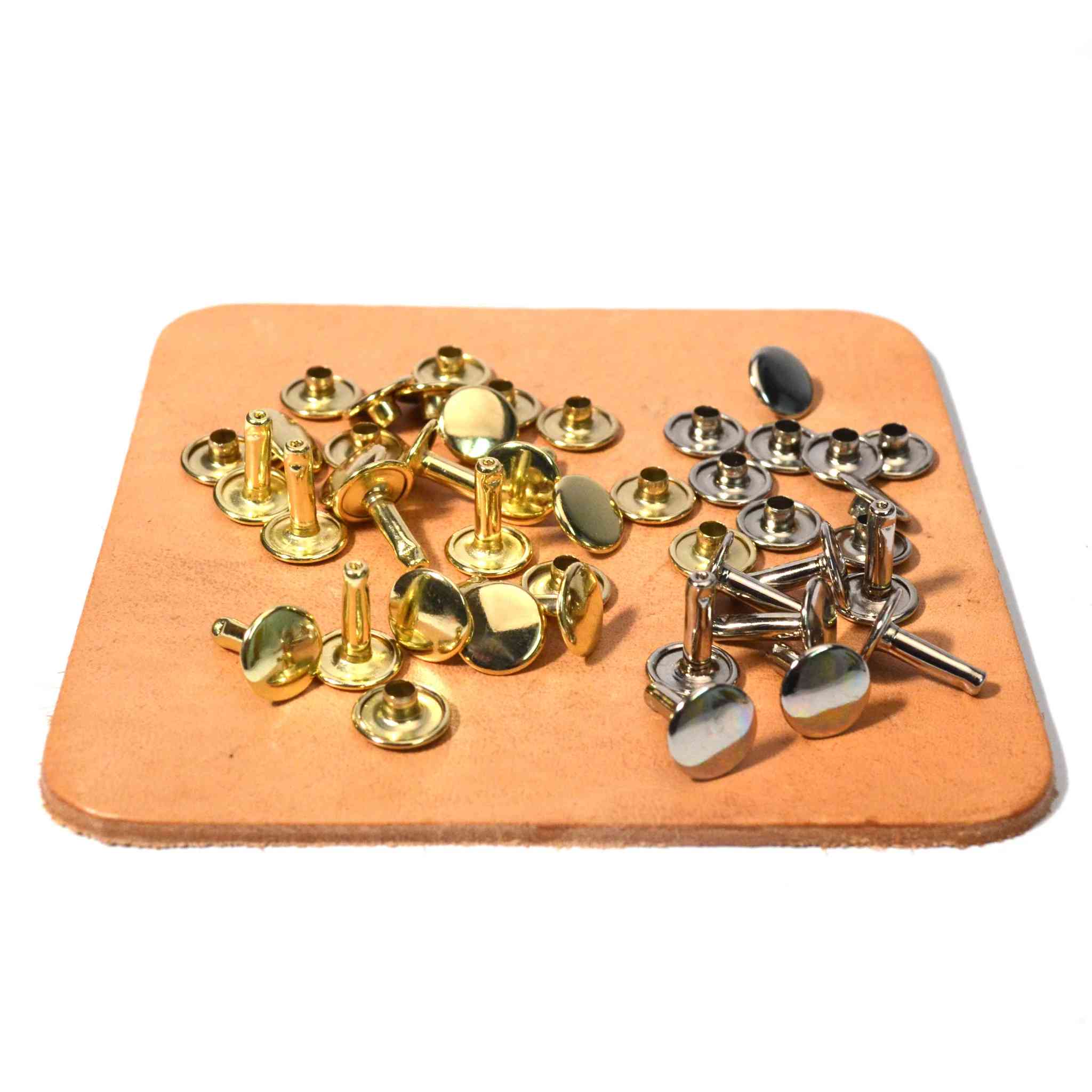 Premium solid brass or nickel over brass rivets for leathercraft with a slightly raised domed cap either end.  Add quality to your leathercraft projects.