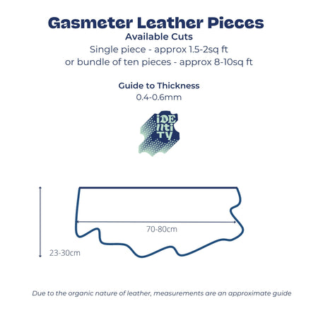 Size chart for pieces of supersoft taupe suede ex gasmeter remnant leather great for repairs, costume, fringing and pouches