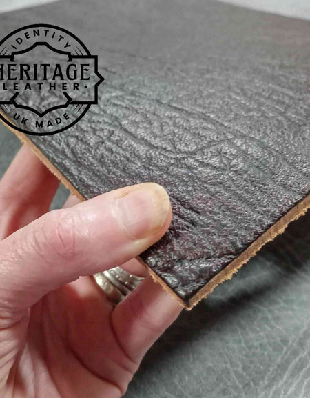 A3 leather cuts taken from the Heritage collection of leather sourced from the old Clayton's tannery in Chesterfield. Dark Brown Dyed Coloured Textured Grain Leather - around 4mm , ideal for knife sheaths