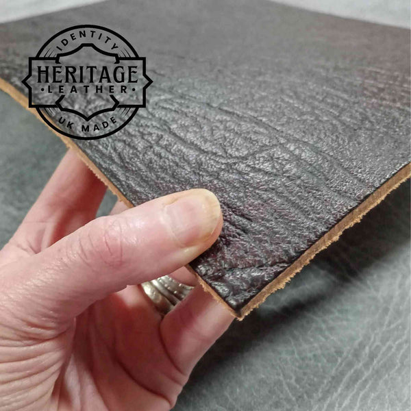 A3 leather cuts taken from the Heritage collection of leather sourced from the old Clayton's tannery in Chesterfield. Dark Brown Dyed Coloured Textured Grain Leather - around 4mm , ideal for knife sheaths
