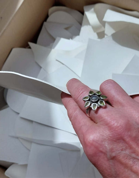 Large box of unsorted Light Weight Cream White Calf Craft Pieces, (vegetable tanned) sustainably and environmentally sourced leather with a light base ideal for creating bright colours and other surface decoration.