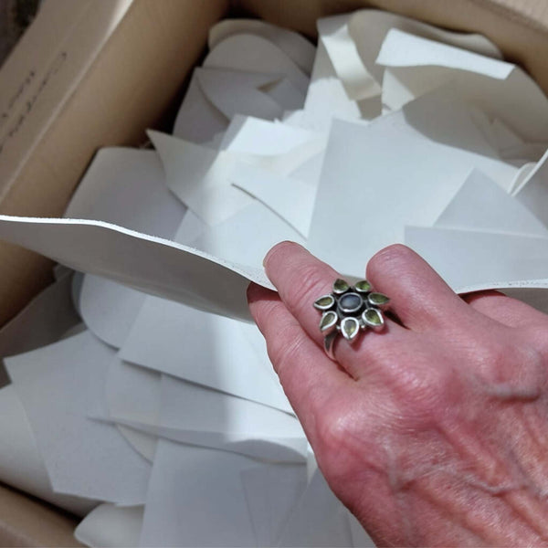 Large box of unsorted Light Weight Cream White Calf Craft Pieces, (vegetable tanned) sustainably and environmentally sourced leather with a light base ideal for creating bright colours and other surface decoration.