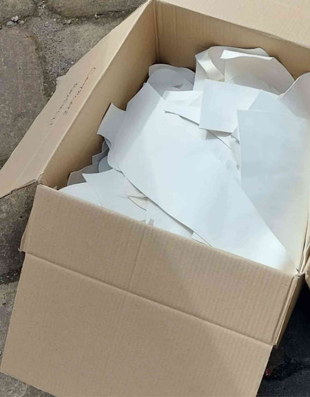 Large box of unsorted Light Weight Cream White Calf Craft Pieces, (vegetable tanned) sustainably and environmentally sourced leather with a light base ideal for creating bright colours and other surface decoration.