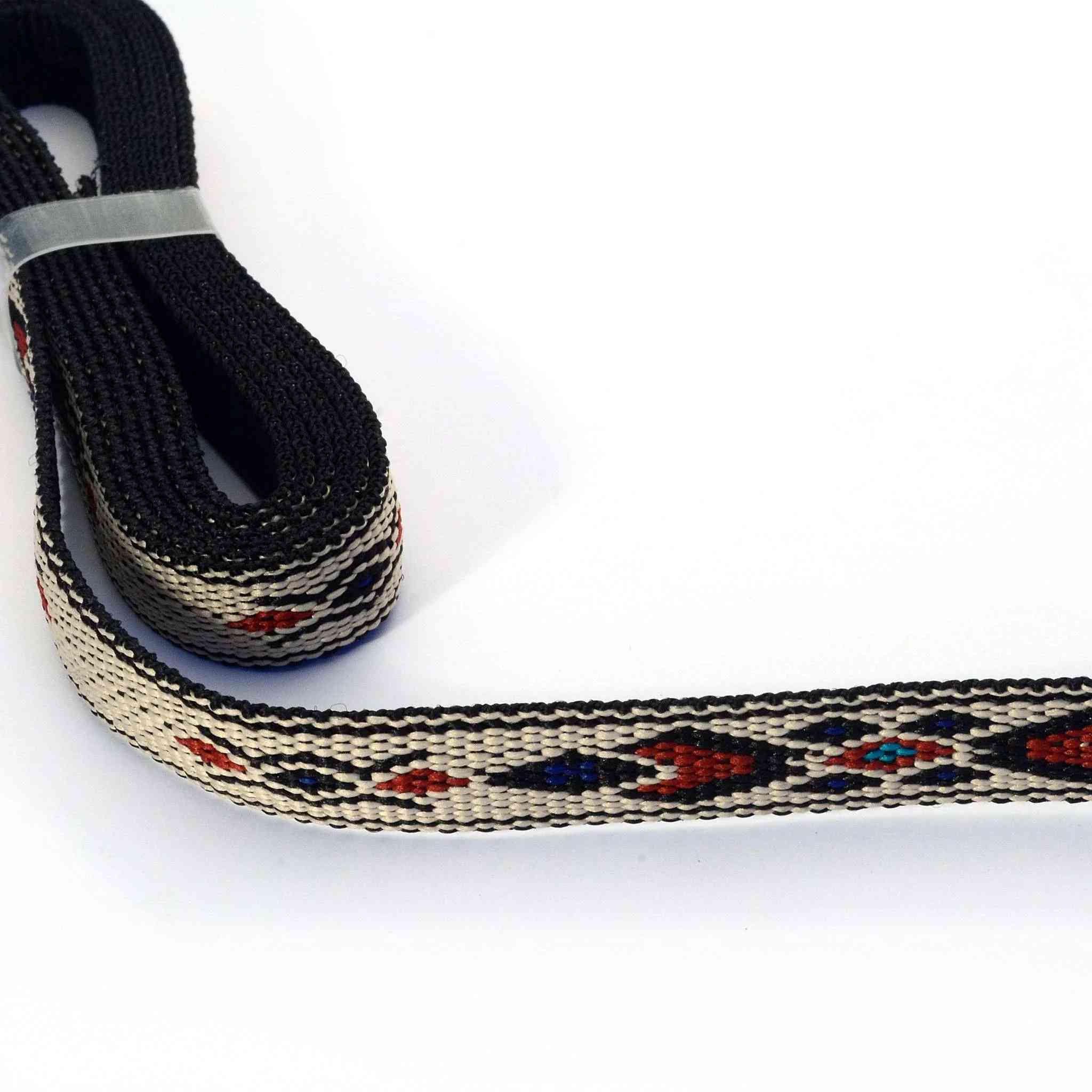 Decorative woven hitched style webbing with native American motif