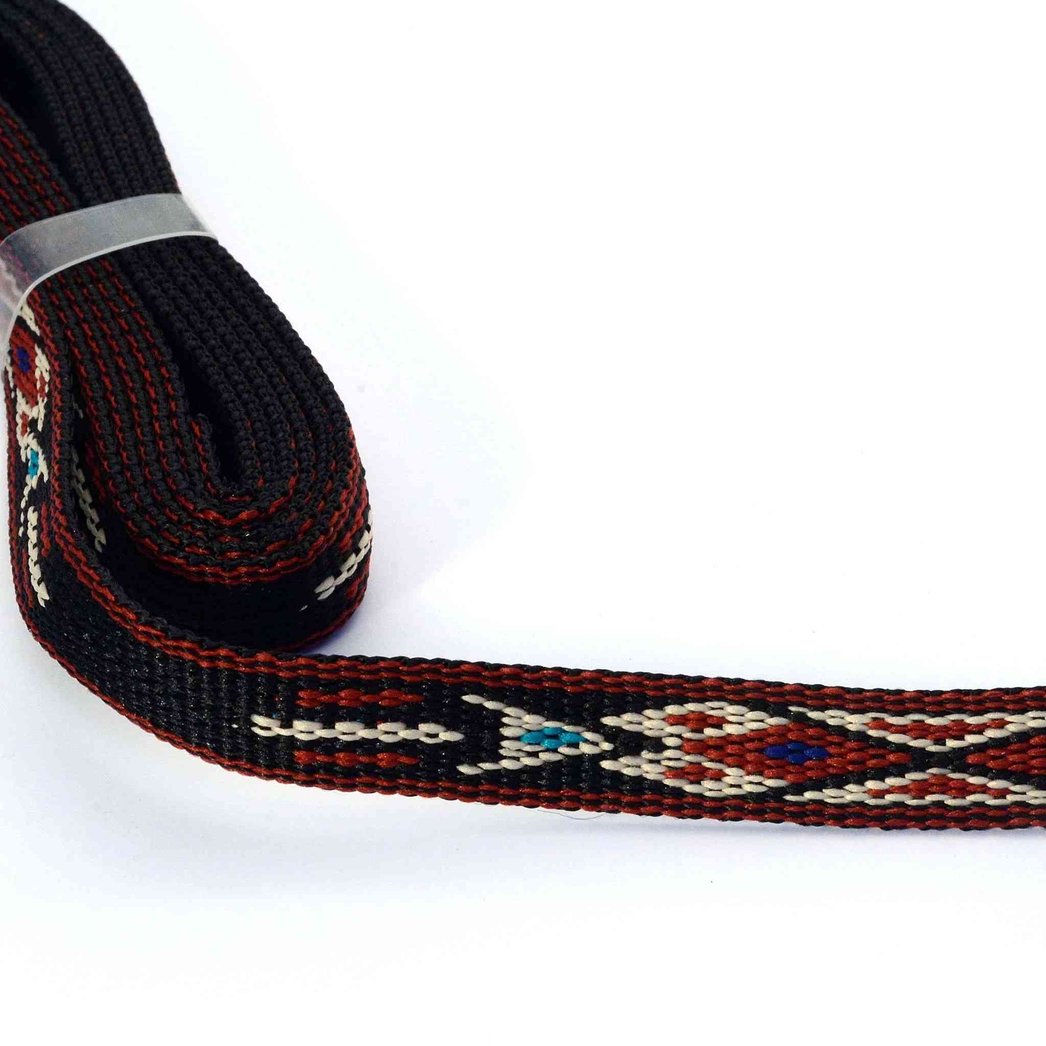 Decorative woven hitched style webbing with native American motif