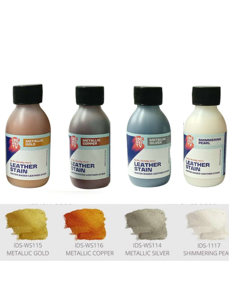 Add some metallic shimmer to your leathercraft projects with Identity Store  Water Based Leather Stains - use as a total coat or as a wash for an iridescent shimmer