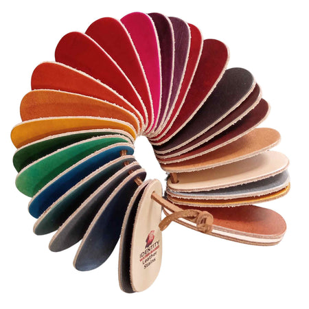 Photo to show leather swatches with each of the Identity colour stains, fanned out to show the colour range