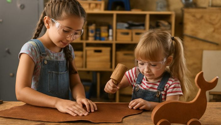 children looking at a piece of leather to stamp or make something - leathercraft for kids