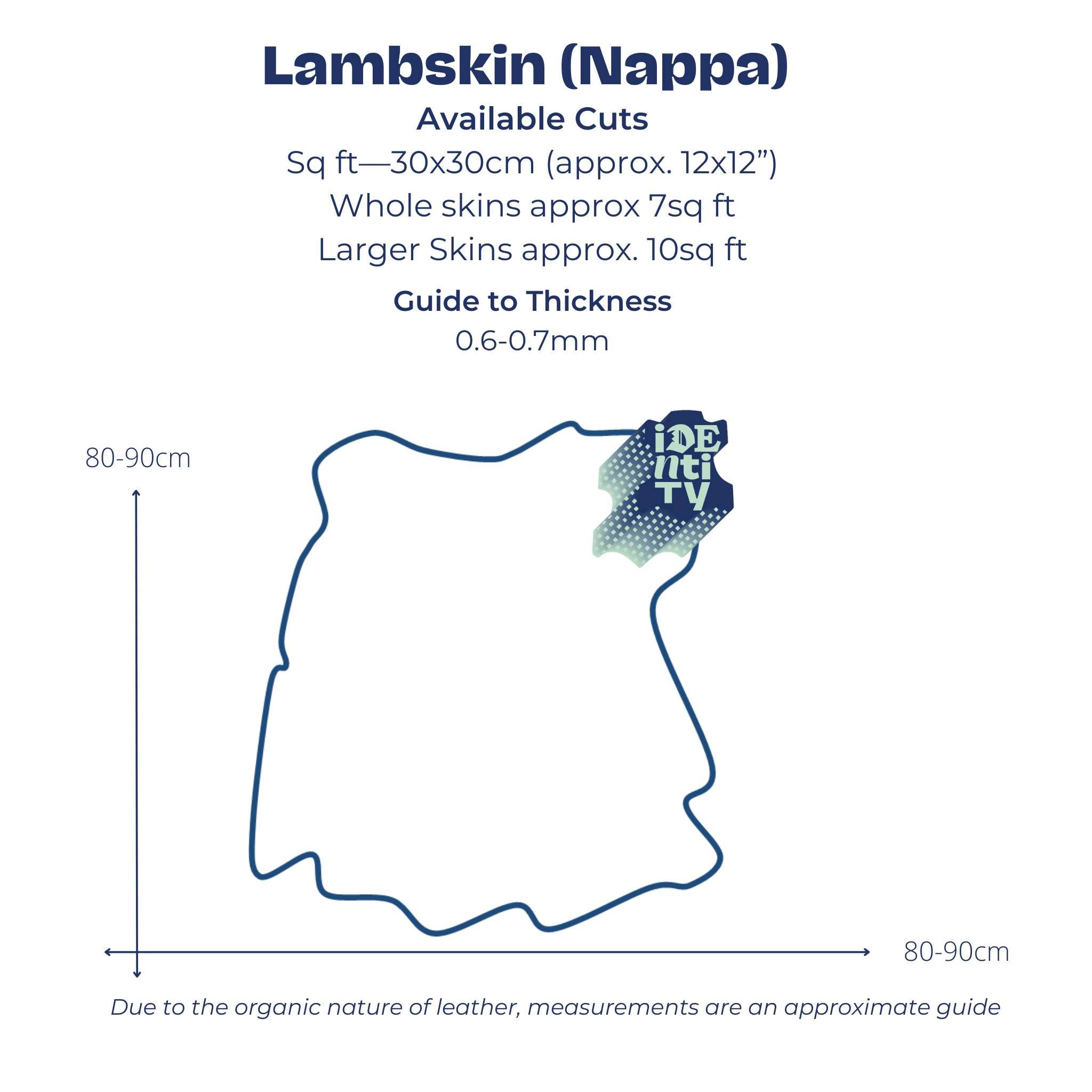 Chart to depict skin size for Identity Lambskin leather