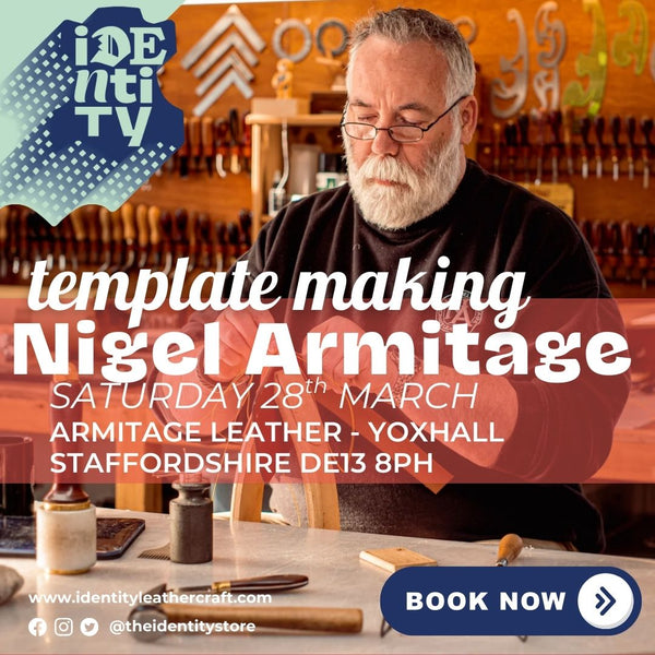 Advertisement for a leatherworking event featuring Nigel Armitage on 28 March 2026