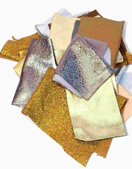 250g Bag of assorted metallic leather pieces ideal for tassells, appliques and other craft