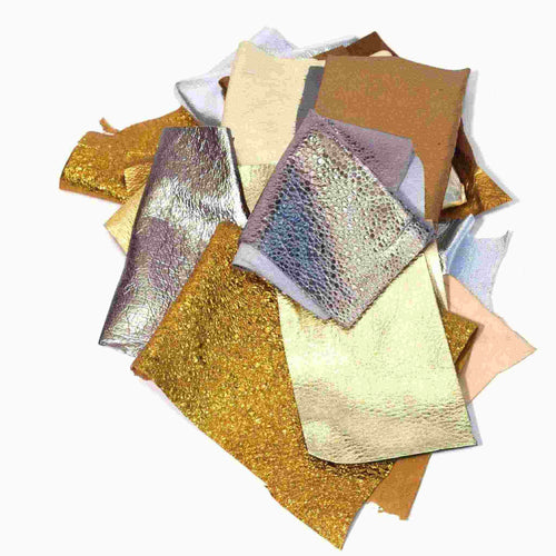 Load image into Gallery viewer, 250g Bag of assorted metallic leather pieces ideal for tassells, appliques and other craft
