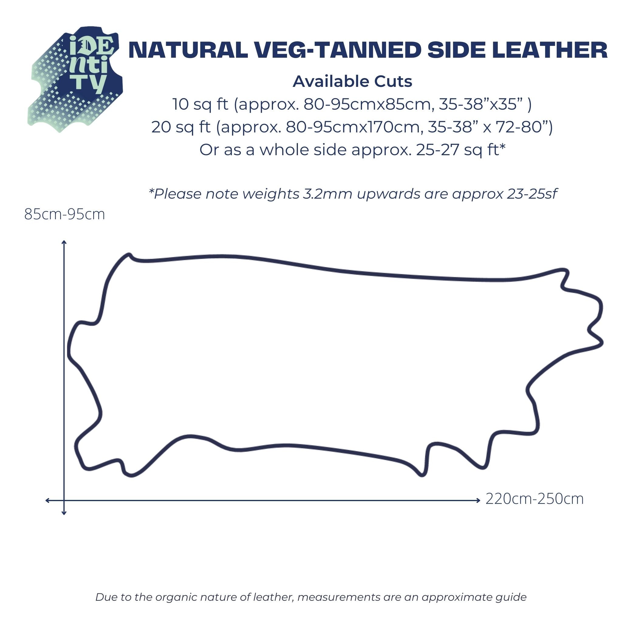 Size chart to show the approx shapoe and dimensions of Identity Cowhide side leathers