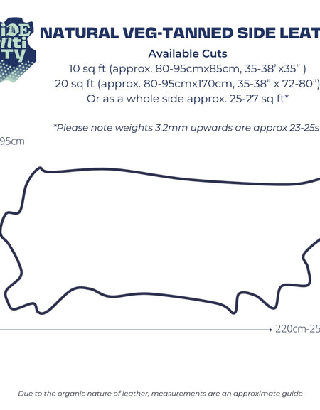 Size chart to show the approx shapoe and dimensions of Identity Cowhide side leathers