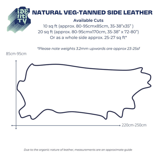 Size chart to show the approx shapoe and dimensions of Identity Cowhide side leathers