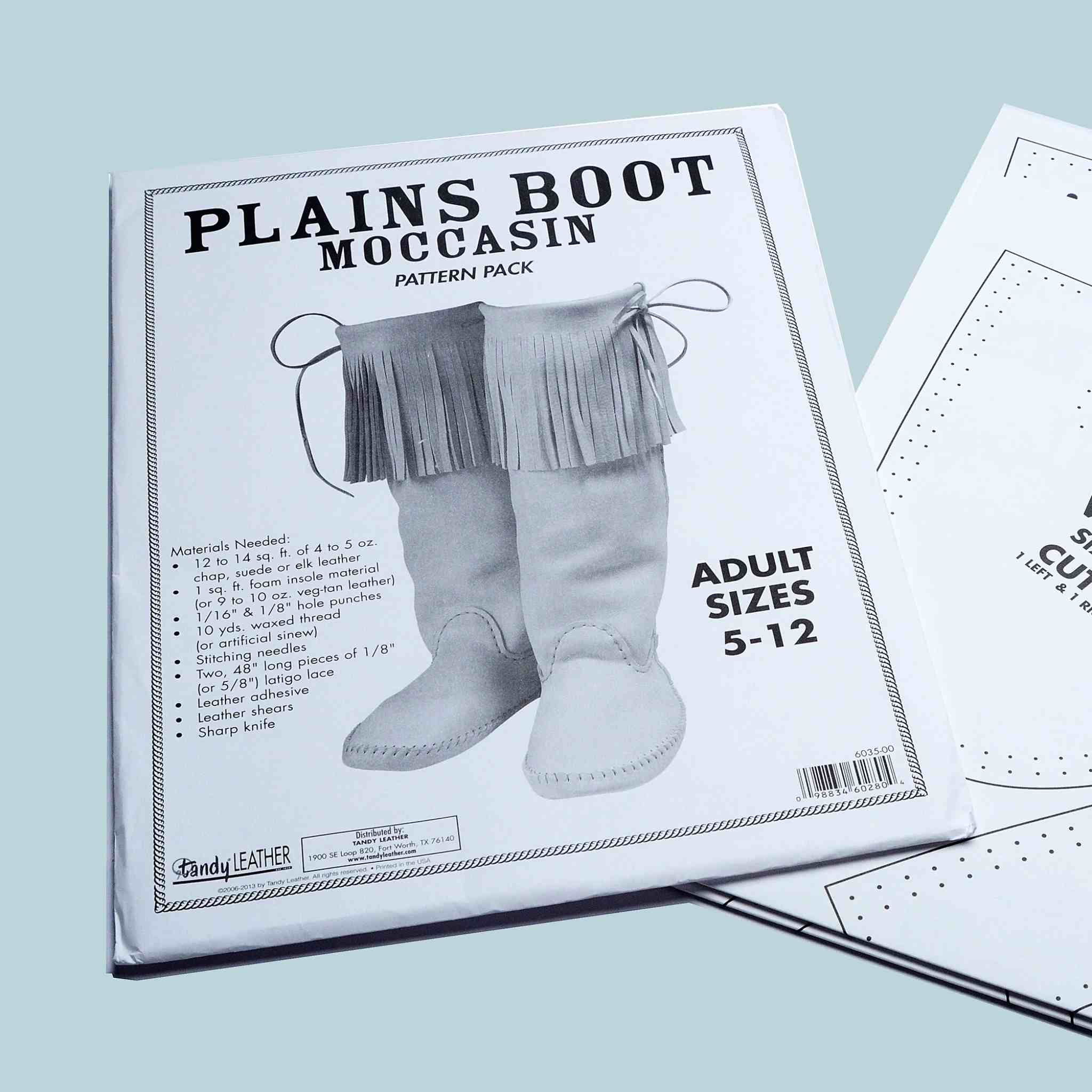 Make your own leather Plainsman moccasin style boot with this paper pattern pack - Ideal for re-enactors, TV and film costume makers, and bushcraft and native american enthusiasts. The pack includes paper pattern templates for rugged, knee high lace up boots, compatible with sizes 5-13 for men and 6-14 for women.