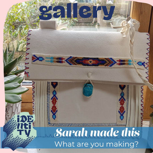 Load image into Gallery viewer, Fold over bag made from 3 A3 peices of alum white leather with beaded strip detailing
