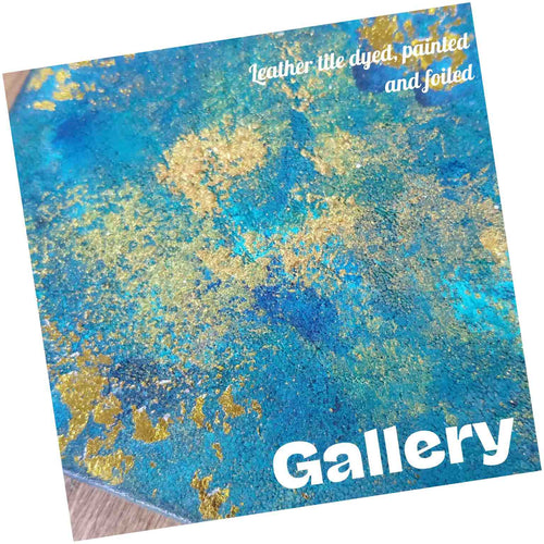 Load image into Gallery viewer, Close up showing tile leather dyed, painted and foiled for a splashback
