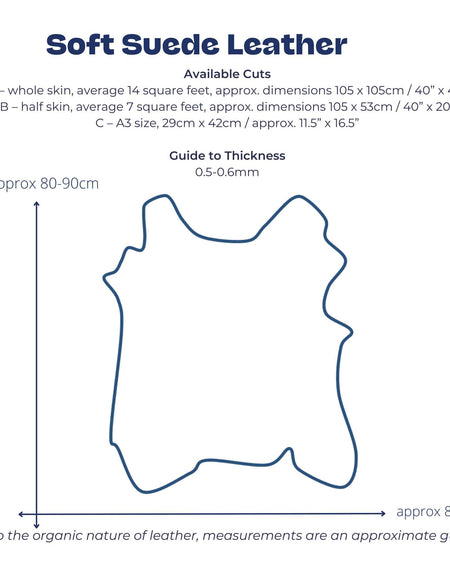 Size chart to depict measurements for buying soft suede leather from Identity Leathercraft