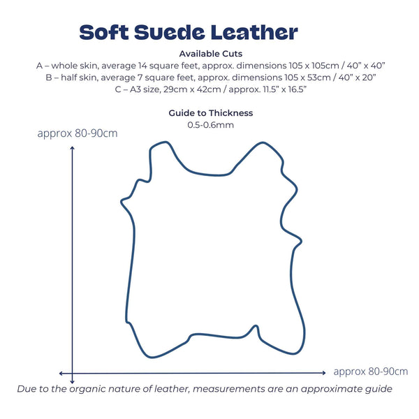 Size chart to depict measurements for buying soft suede leather from Identity Leathercraft