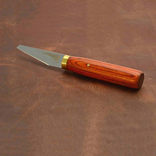 Load image into Gallery viewer, Image showing the Straight trim knife, detail of blade and wooden handle.
