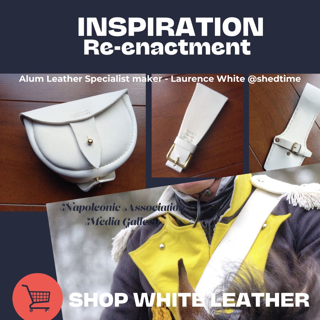Image to show white alum leather for military re-enactment with examples from specialist leather worker Laurence White
