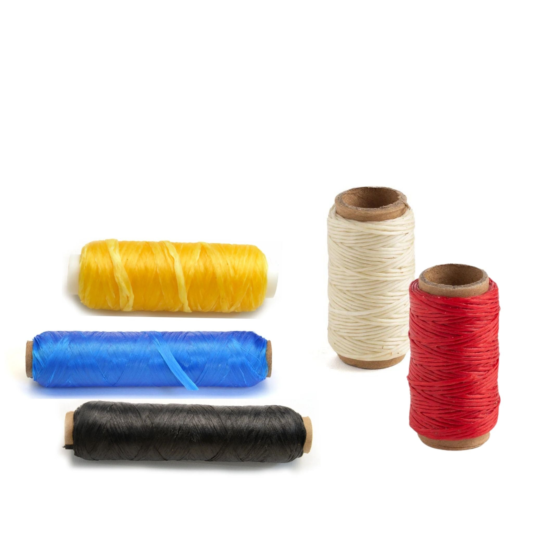 waxed artifical sinew thread that can be split down into finer threads, strong, in colours - red, natural, white, black and blue for stitching leathers and suede