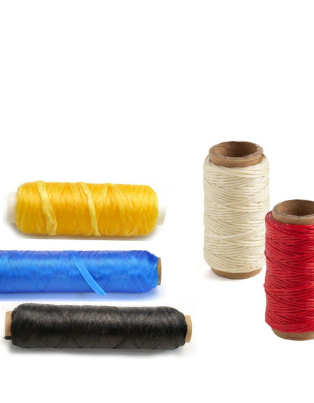 waxed artifical sinew thread that can be split down into finer threads, strong, in colours - red, natural, white, black and blue for stitching leathers and suede