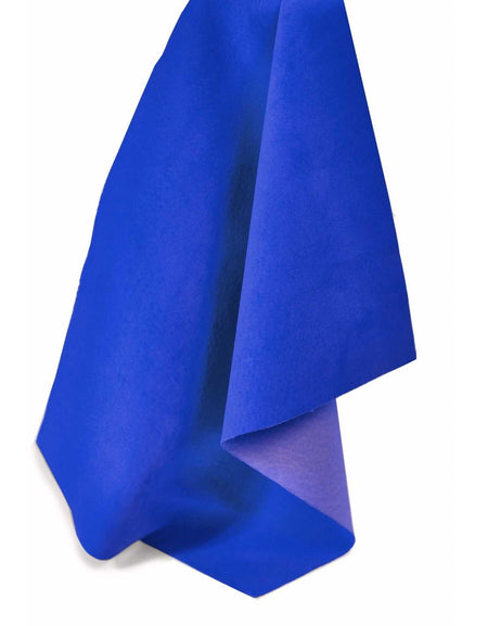 Striking electric blue soft suede ideal for cushions, dress making, waistcoats, bag, belt and box linings