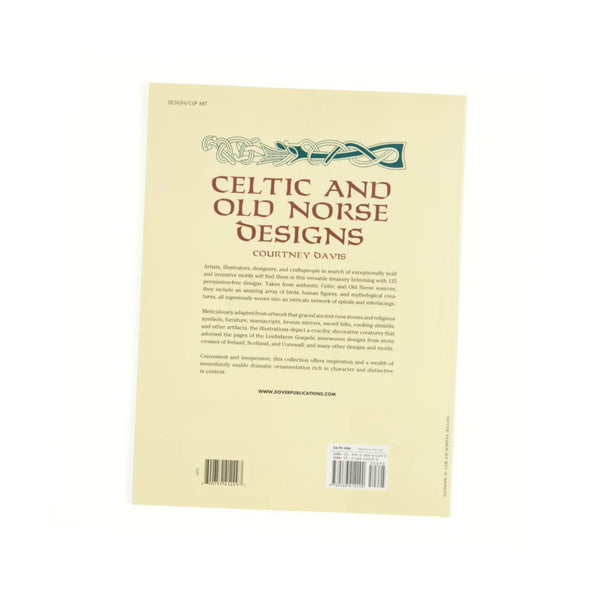 Design illustration book with celtic knotwork and Old Norse authentic designs, including those depicted in the Lindisfarne Gospels, collated by Courtney Davis - back cover