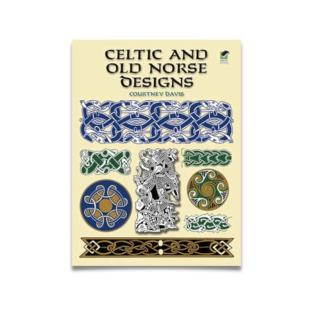 Design illustration book with celtic knotwork and Old Norse authentic designs, including those depicted in the Lindisfarne Gospels, collated by Courtney Davis.