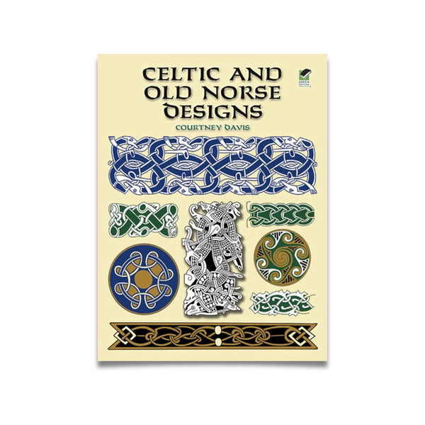 Design illustration book with celtic knotwork and Old Norse authentic designs, including those depicted in the Lindisfarne Gospels, collated by Courtney Davis.