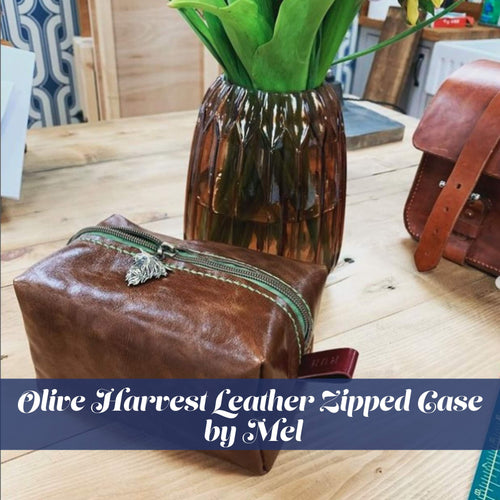 Load image into Gallery viewer, Mel came on the Live Online class to make her leather zipped travel case using our Eco Olive Harvest leather hide
