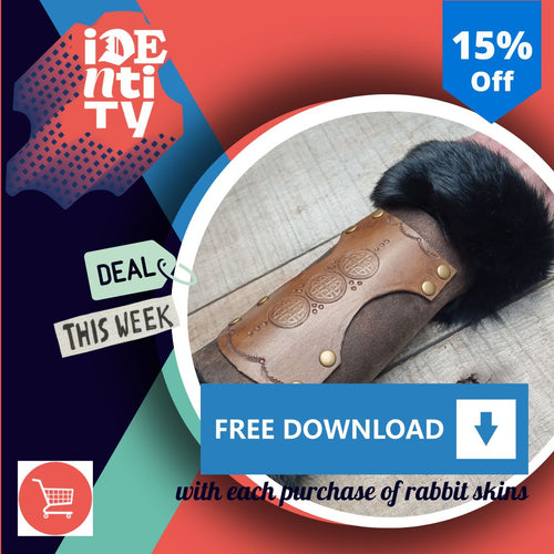 Load image into Gallery viewer, Free project template and instruction to make  a viking style leather armguard bracer trimmed with rabbit fur
