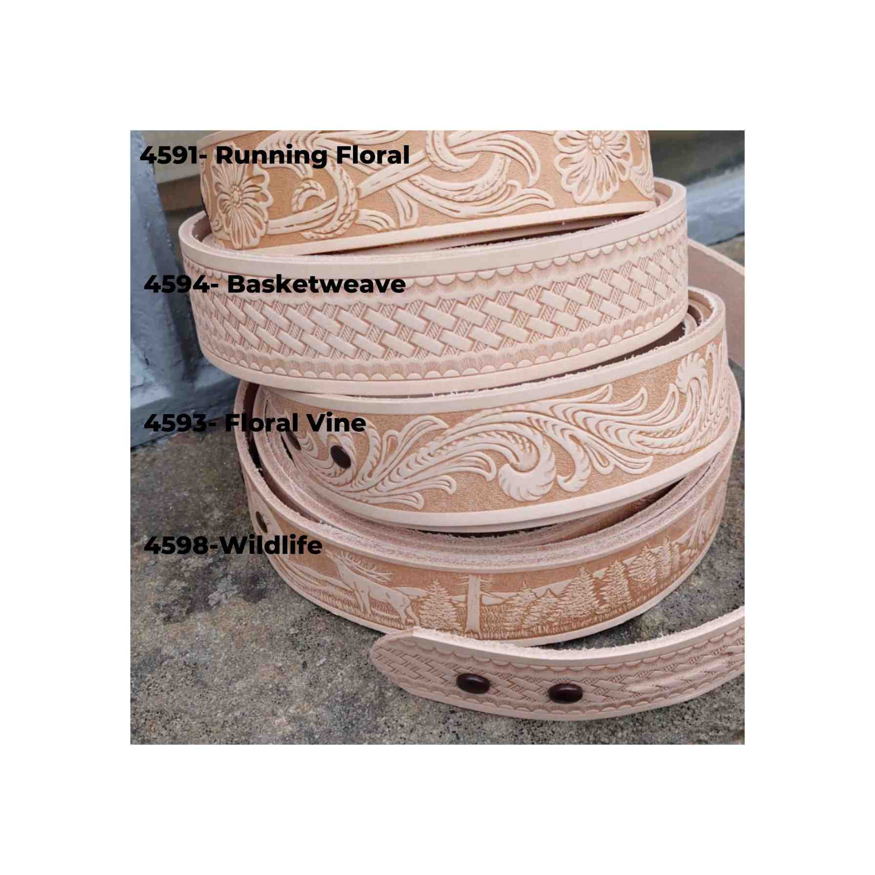 Choice of emboss patterns for making your own leather belt from our natural leather belt blanks