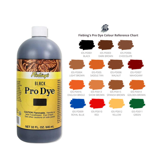 Load image into Gallery viewer, Fiebings Pro Leather Dye in large bottles with colour reference chart, penetrating solvent based dye for leatherwork
