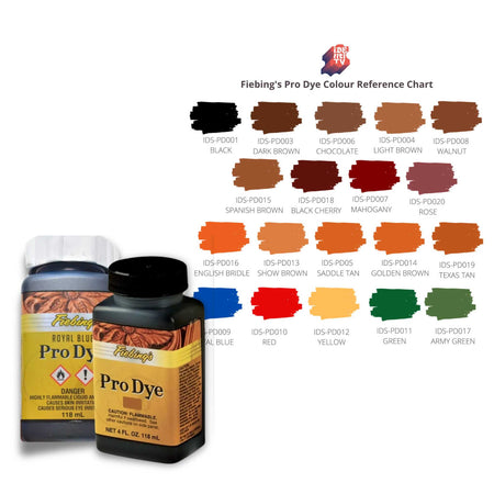 Fiebings Pro Dye for even colouring of vegetable tanned leather or to re-colour leather goods, available in an assortment of colour options