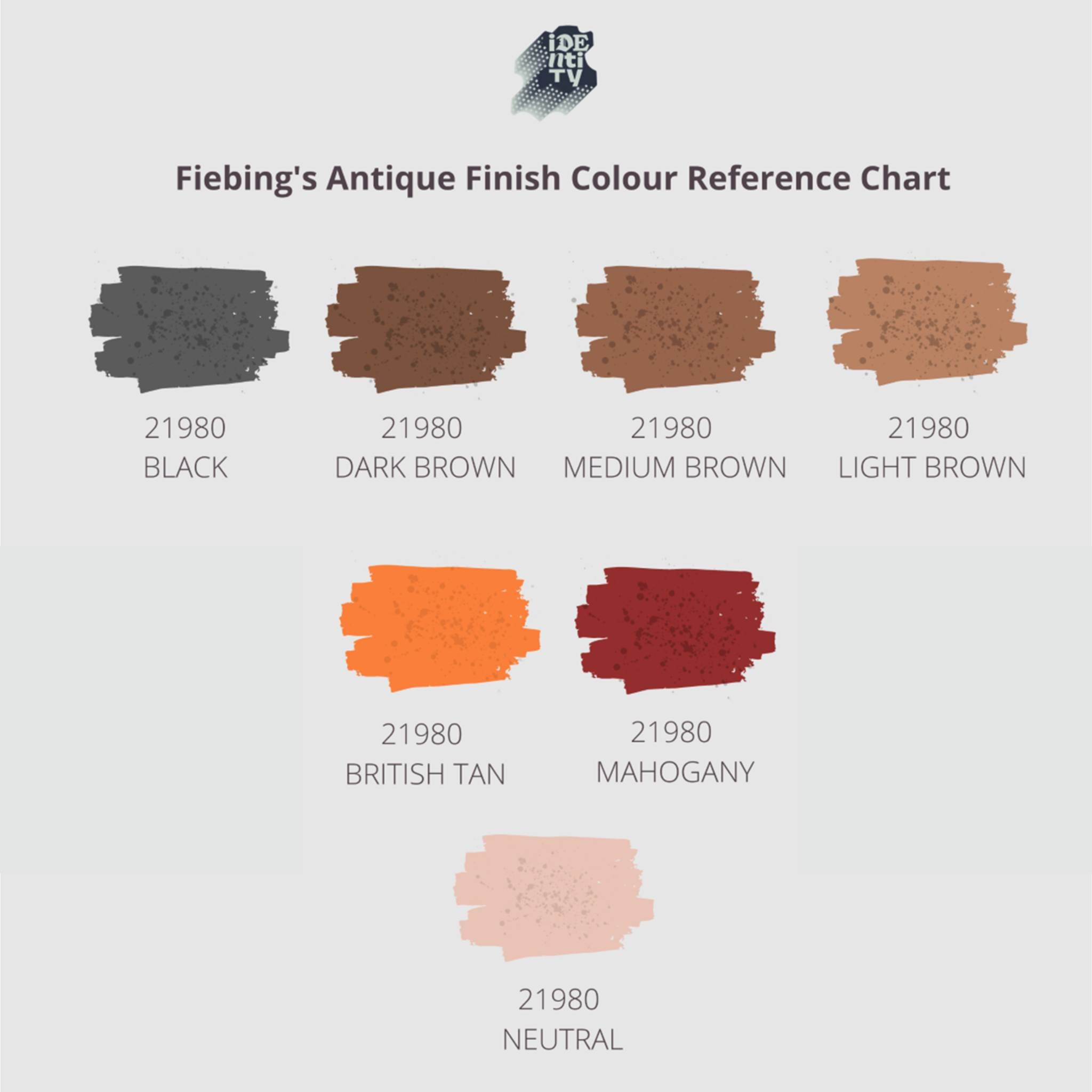 Colour chart showing the Fiebing's antigue finish for leather tooling and carving to highlight areas