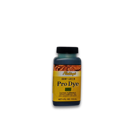 Bottle of Pro Dye for leather with Army Green label on a white background