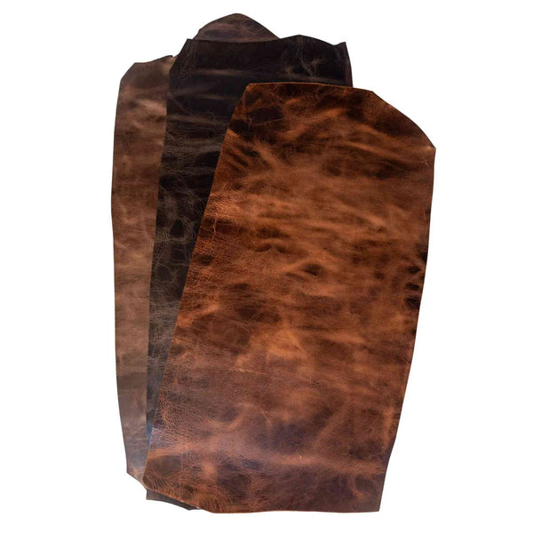 Pull-up heavy weight vintage distressed look leather hides (backs) 3.0-3.5mm  Available in a choice of colours. (See size guide for approximate size dimensions)  Ideal for belt lengths, collars, leads, knife and axe sheaths, satchels and more..