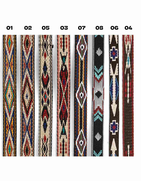 Woven strip length for decorating and embellishing craft and fashion projects.. Can be used to make hatbands, inlay for belts, bag straps, appliqué and borders on picture frames. bags, chaps, interior design and western style / line dancing clothing.&nbsp; In a choice of designs based around Native American themes.