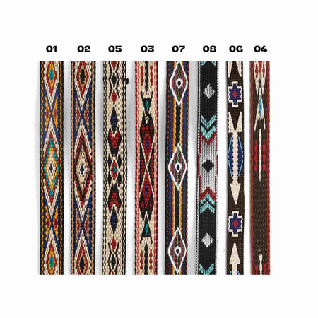 Woven strip length for decorating and embellishing craft and fashion projects.. Can be used to make hatbands, inlay for belts, bag straps, appliqué and borders on picture frames. bags, chaps, interior design and western style / line dancing clothing.&nbsp; In a choice of designs based around Native American themes.
