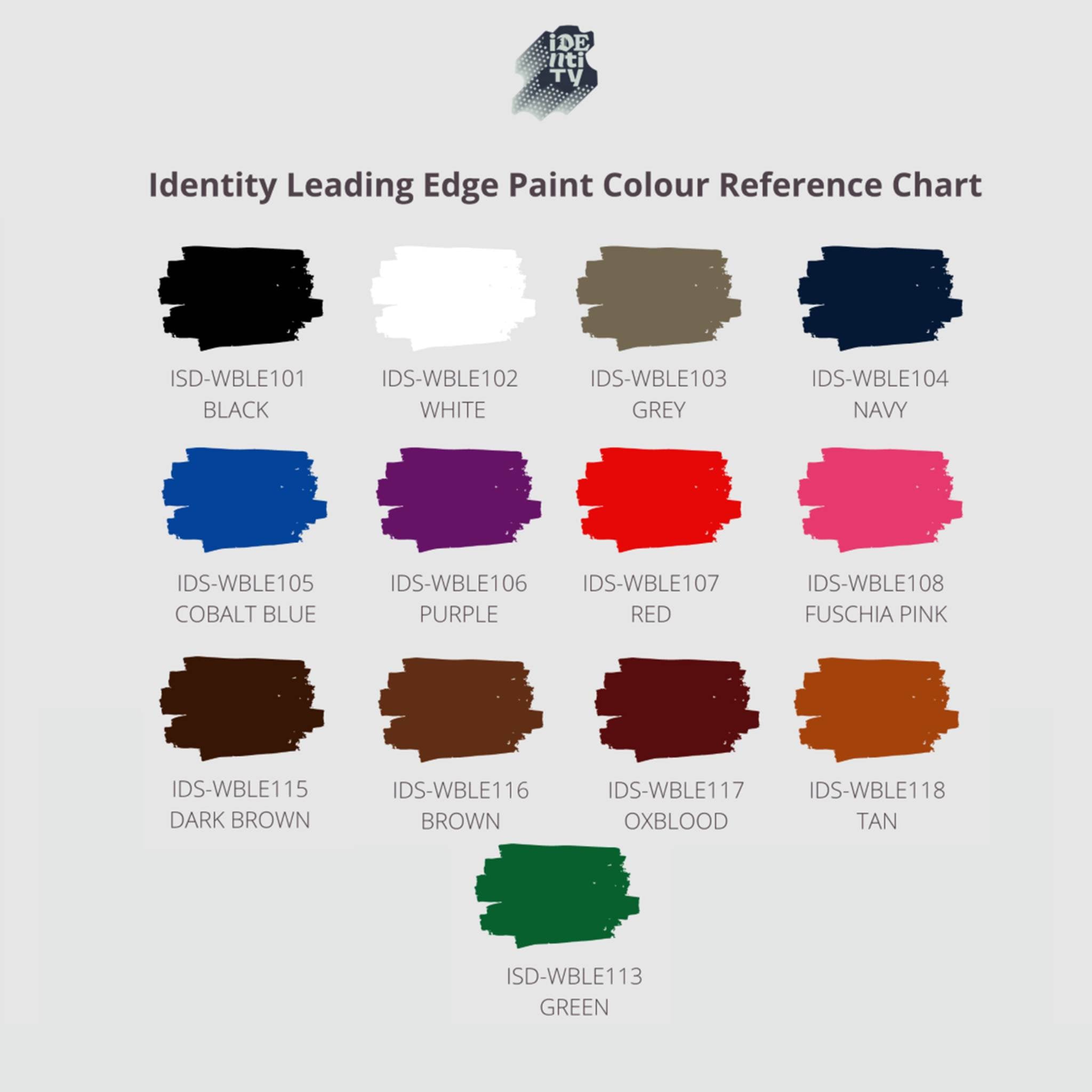 Coloutr Chart showing the colour rang of Identity Leading Edge paints for leathers - wide array of colours to add to your leather projects