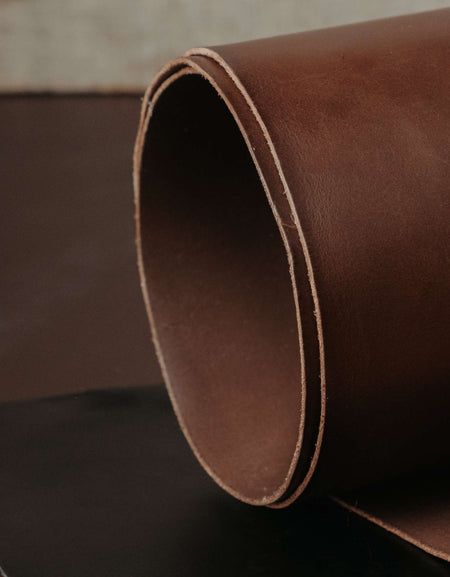 End cuts of quality grade premium veg tanned shoulder leather, full grain in brown dye through.