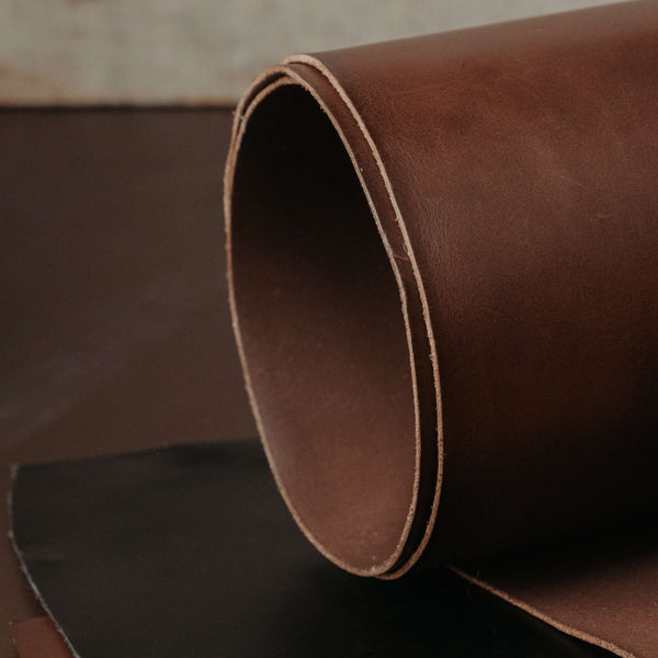 End cuts of quality grade premium veg tanned shoulder leather, full grain in brown dye through.