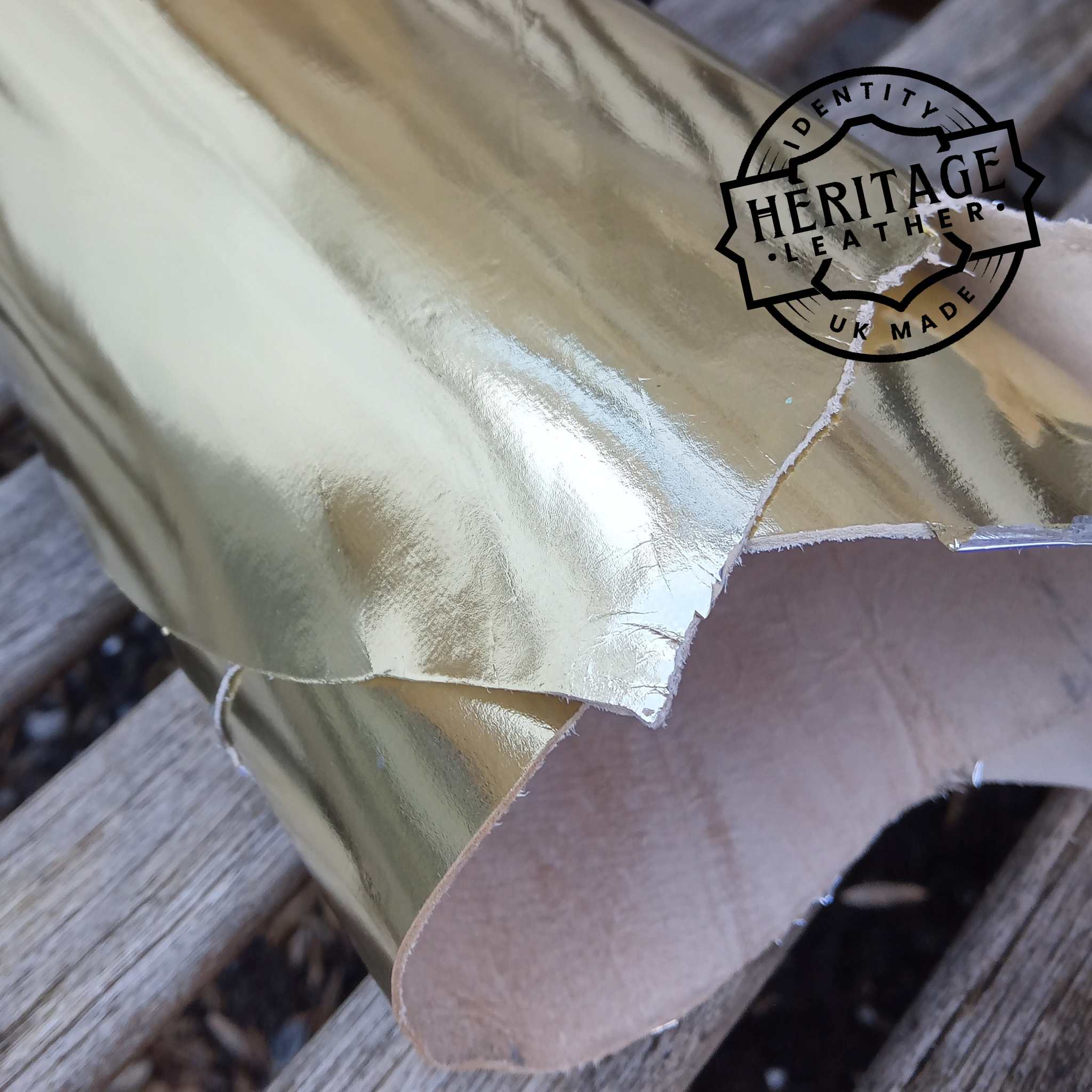 Lightweight veg tanned, heritage UK tanned goat leather with a gold metallic foil.  Ideal for small leathercraft projects, bags, costume and more.