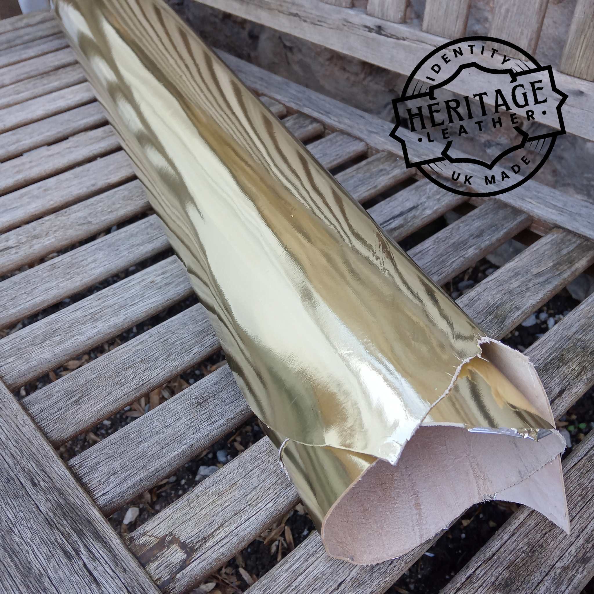 Lightweight veg tanned, heritage UK tanned goat leather with a gold metallic foil.  Ideal for small leathercraft projects, bags, costume and more