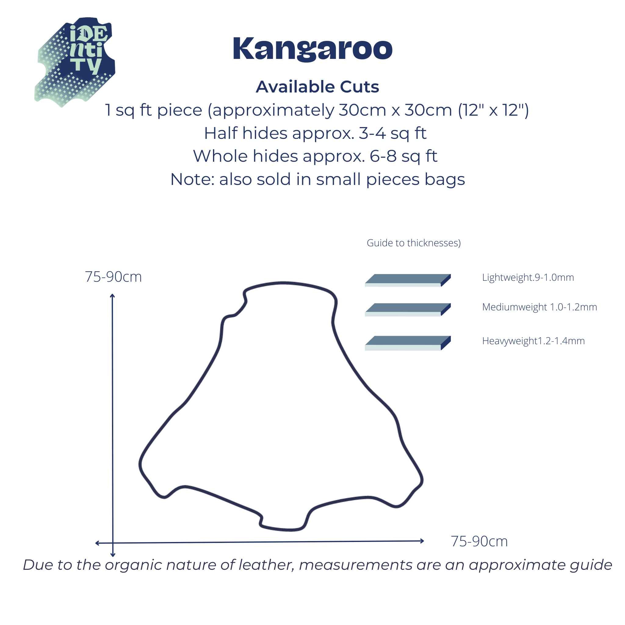 Size chart to show approx measurements of veg tan kangaroo leather from Identity Leathercraft