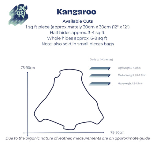 Size chart to show approx measurements of veg tan kangaroo leather from Identity Leathercraft
