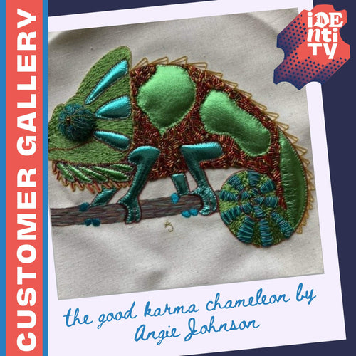 Load image into Gallery viewer, George the Good Karma Chameleon by Angie Johnson - project made using applique with the metallic leather scraps bag
